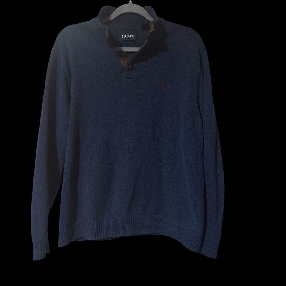 Chaps Pullover Sweater Long sleeve 1/4 Button Elbow Suede Patch Preppy Grandpa L - Picture 5 of 6